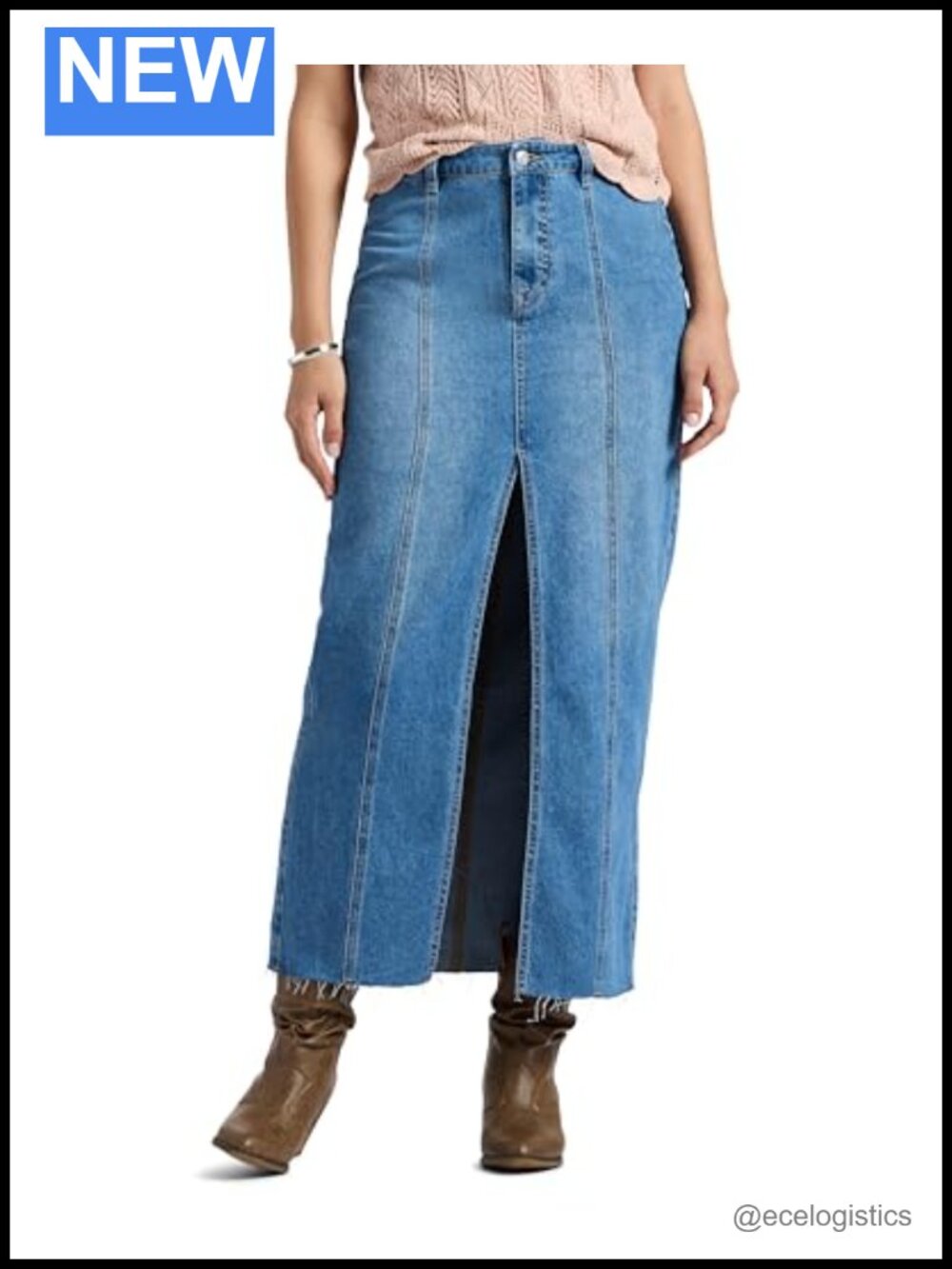 Mid Waist Maxi Denim Skirt 100% Cotton Front Slit 5-Pocket Raw Hem